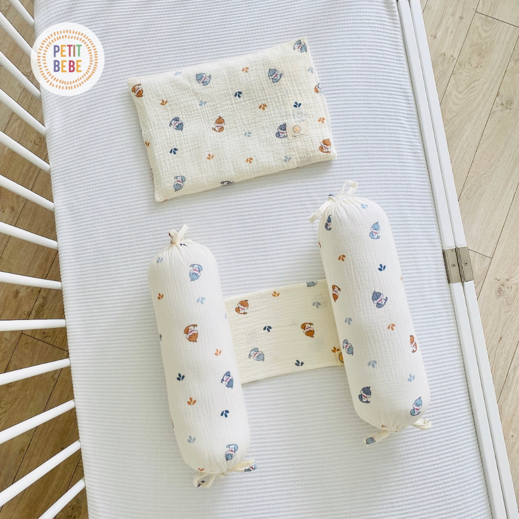 Ảnh Gối mỏng lót đầu bé sơ sinh Petit Bebe muslin thấm hút thoáng khí hoạ tiết đáng yêu 4
