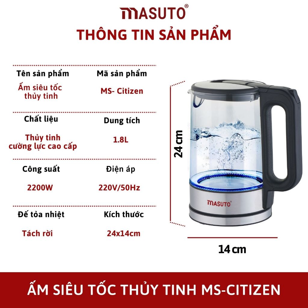 Ảnh Ấm siêu tốc thủy tinh Masuto MS-Citizen dung tích 1,8L có khe tách cặn, bảo hành 12 tháng 4