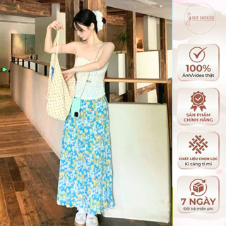 (Hàngl1)Set đồ đi biển 2 món áo cúp ngực rút dây ôm body phối chân váy xanh hoa nhí dáng dài cute dễ thương _SEP House
