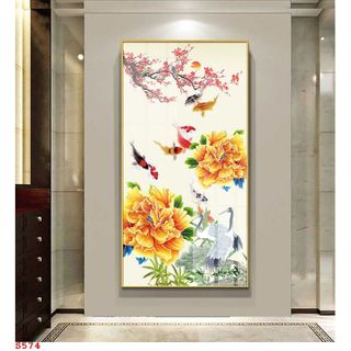 Tranh Laminate Tráng Gương Bo Viền Cao Cấp - Tranh Tranh Treo Tường Phong Thuỷ Cửu Ngư Quần Hội - Tranh Kích Thước Lớn
