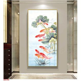 Tranh Laminate Tráng Gương Bo Viền Cao Cấp - Tranh Tranh Treo Tường Phong Thuỷ Cửu Ngư Quần Hội - Tranh Kích Thước Lớn