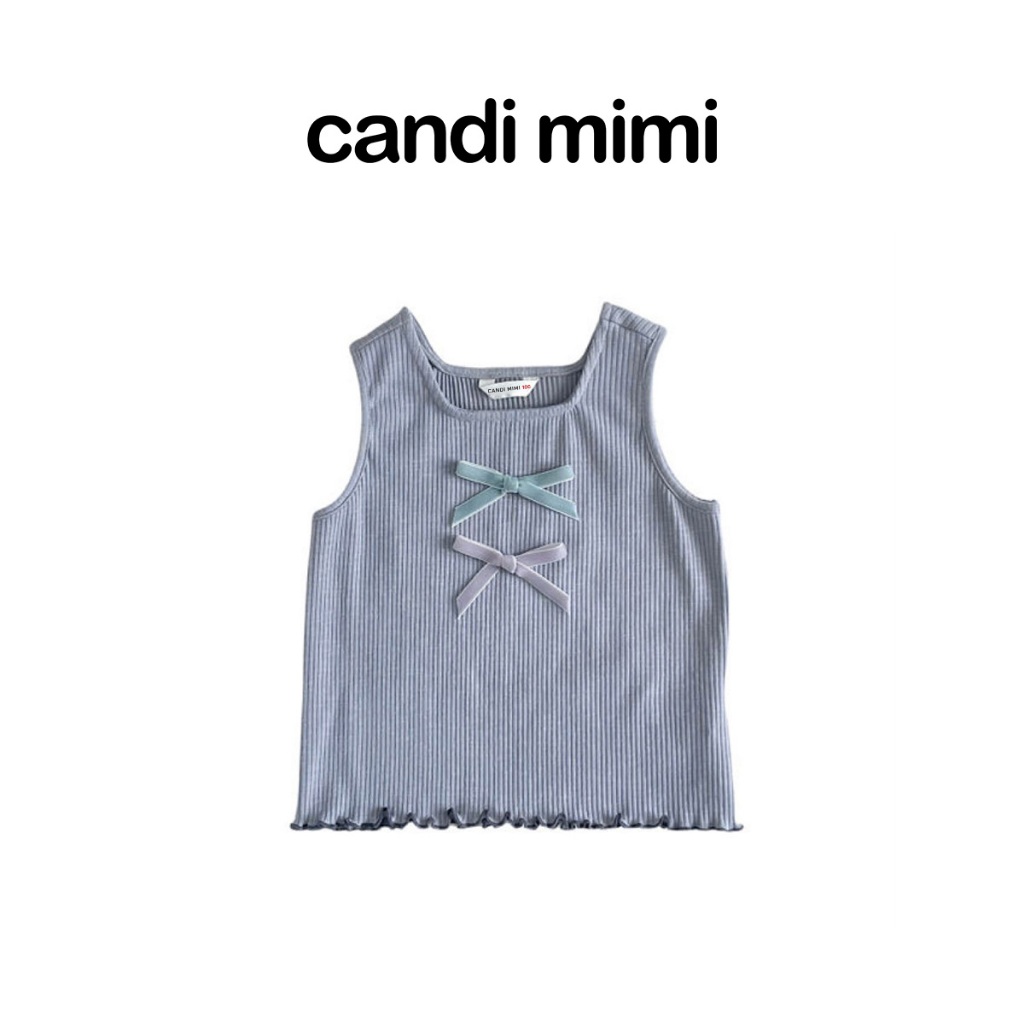 CANDI MIMI Áo cotton gân tăm sát nách đính nơ - Phong cách Hàn Quốc