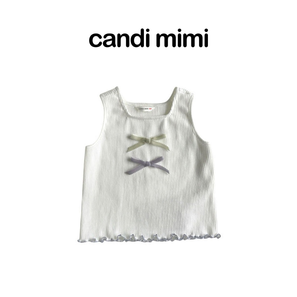 CANDI MIMI Áo cotton gân tăm sát nách đính nơ - Phong cách Hàn Quốc