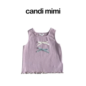 CANDI MIMI Áo cotton gân tăm sát nách đính nơ - Phong cách Hàn Quốc