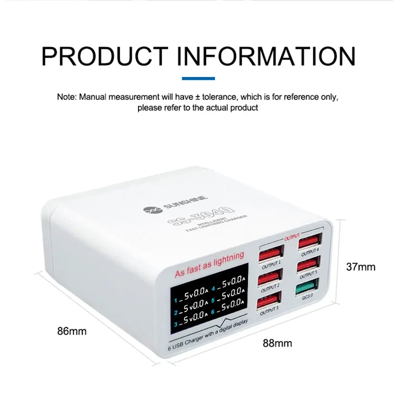 Sạc nhanh SUNSHINE SS-304Q 40W 6 cổng: 4 USB-A + QC3.0 + Type-C/PD