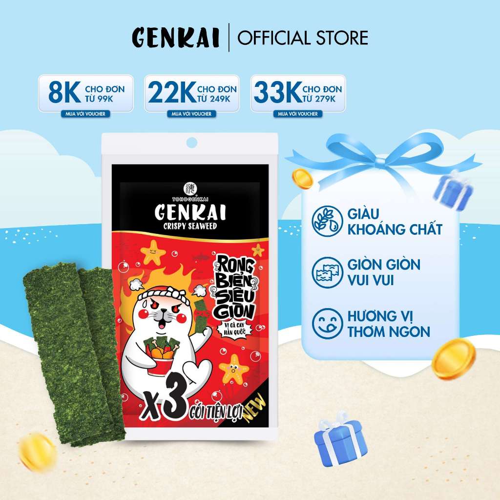 Rong Biển Siêu Giòn GENKAI Vị Gà Cay Hàn Quốc 10.5g (3.5g x 3 gói ...