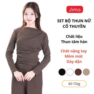 Set bộ nữ JIMA áo dài tay cổ thuyền nhún eo che bụng kèm quần dài mặc nhà vải loại đẹp TK102