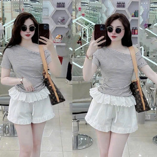 Áo Thun Kẻ Sọc Trễ Vai Nữ Tính Phối Ren Thô Bèo Dáng Thanh Lịch