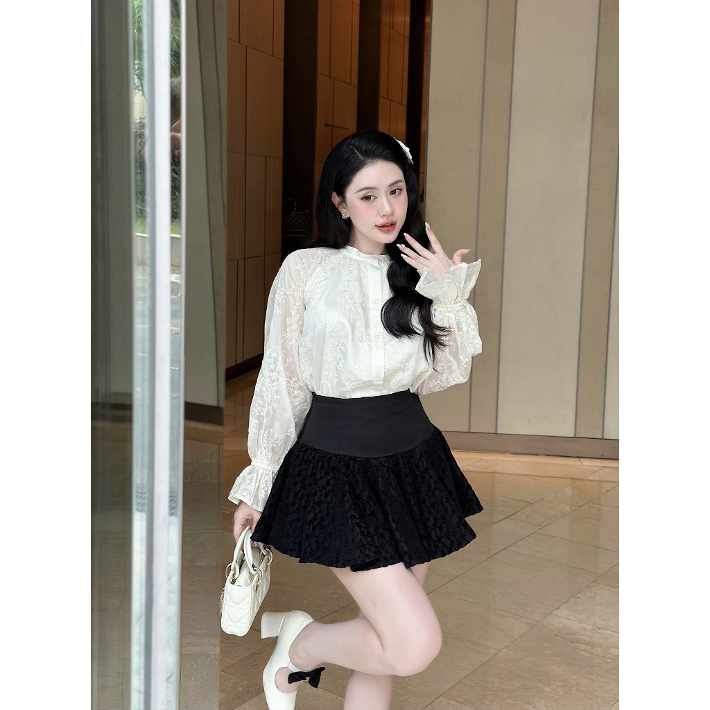 Ảnh Áo Babydoll Nữ Cổ Trụ Viền Bèo Bo Tay Siêu Xinh - TAWON TOP - GOÛT DE JUN 2