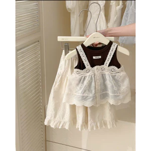 Sét 3 chi tiết quần ren xuông dài kèm áo ren phối thun ba lỗ cho bé gái từ 2-12 tuổi(12-45kg)