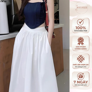 Set áo 2 dây denim corset cột dây chiết eo phối chân váy maxi dáng dài _SEP House