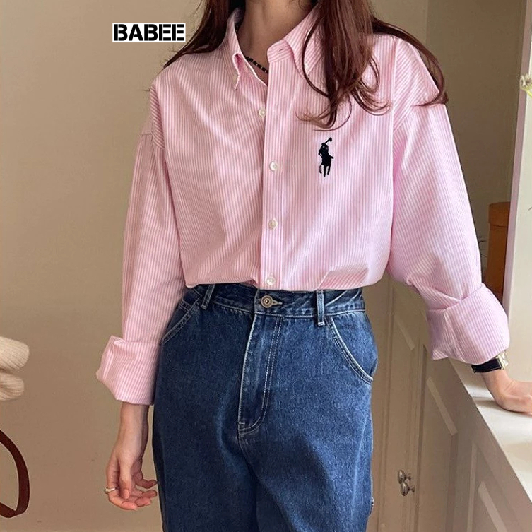 Sơ Mi Nữ BABEE Form Rộng Tay Dài Kẻ Sọc Thêu Ngựa Xinh Xắn Phong Cách Trẻ Trung Năng Động Cá Tính