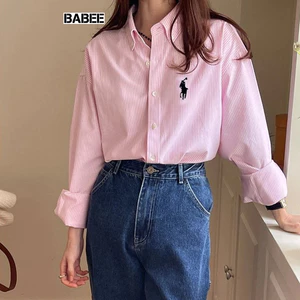 Sơ Mi Nữ BABEE Form Rộng Tay Dài Kẻ Sọc Thêu Ngựa Xinh Xắn Phong Cách Trẻ Trung Năng Động Cá Tính