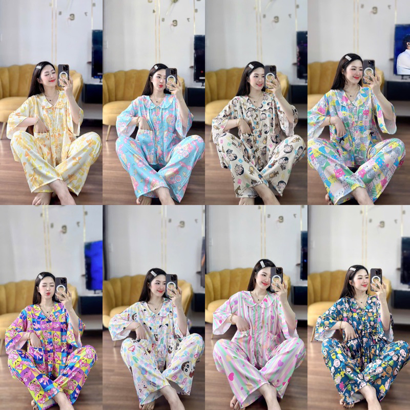 45-65kg bộ pijama cổ sen tay loe hoạ tiết vải latin mát mềm
