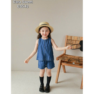Đồ bộ hè bé gái.Set bộ hè jean bé gái phong cách Hàn Quốc sát nách, quần short.Set bộ bò năng động bé gái 11-40kg Hilary