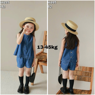 Đồ bộ hè bé gái.Set bộ hè jean bé gái phong cách Hàn Quốc sát nách, quần short.Set bộ bò năng động bé gái 11-40kg Hilary