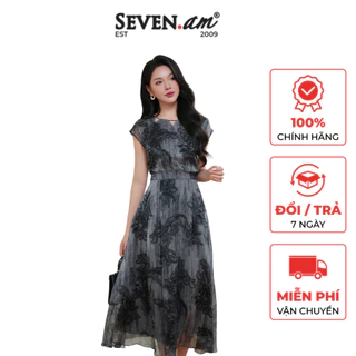 Đầm midi tơ xoè hoạ̣ tiết hoa sơn mài thời trang nữ Seven.AM H633625I