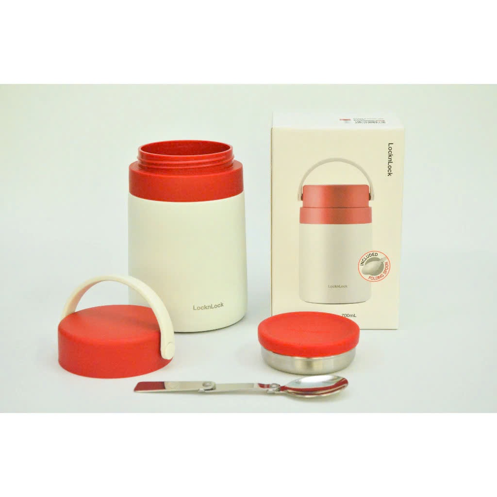 Hộp cơm giữ nhiệt LocknLock Handle Food Jar LHC8042RED Màu Đỏ, 700ml, 2 ngăn kèm muỗng Inox - K-MALL