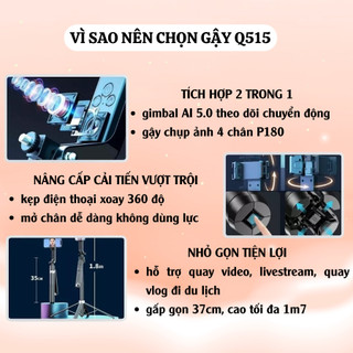 Gậy Chụp Hình Tự Động Xoay 360, Q515 – Tích Hợp AI Nhận Diện Khuôn Mặt, Cao 1m7 – Gậy Livestream, Quay Video Vlog