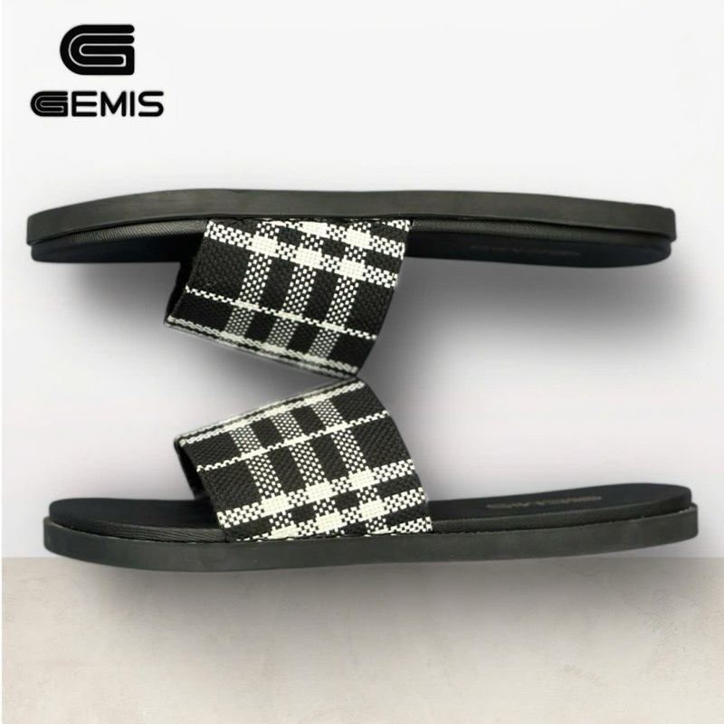 Ảnh Dép Lê Nam Quai Ngang BBR Bản Đẹp Màu Đen Kẻ Ô Trắng - Gemis - DéP, Nhung Cao Su Đế Bằng Slipper 2