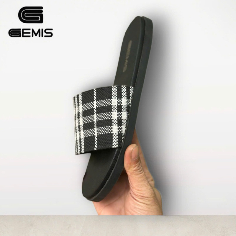 Ảnh Dép Lê Nam Quai Ngang BBR Bản Đẹp Màu Đen Kẻ Ô Trắng - Gemis - DéP, Nhung Cao Su Đế Bằng Slipper 1