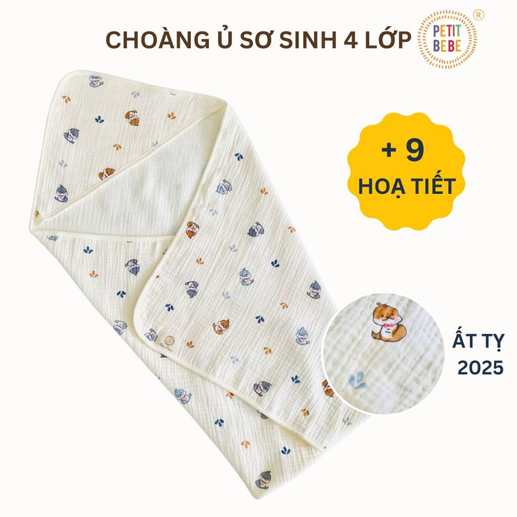 Ảnh Khăn choàng ủ sơ sinh có mũ PETIT BEBE muslin 4 lớp thoáng khí mềm mại nhiều họa tiết dễ thương 1