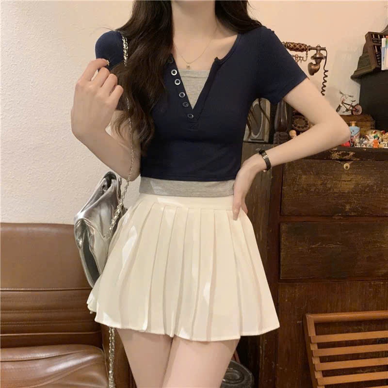 [CÓ SIZE] Áo Babytee Cộc Tay Dáng Vừa Cổ Chữ V Phối Hai Lớp RANSHI Dễ Phối Đồ Chất Thun Gân Dày