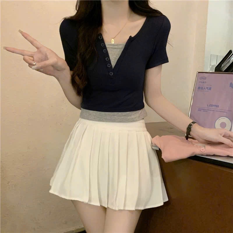 [CÓ SIZE] Áo Babytee Cộc Tay Dáng Vừa Cổ Chữ V Phối Hai Lớp RANSHI Dễ Phối Đồ Chất Thun Gân Dày