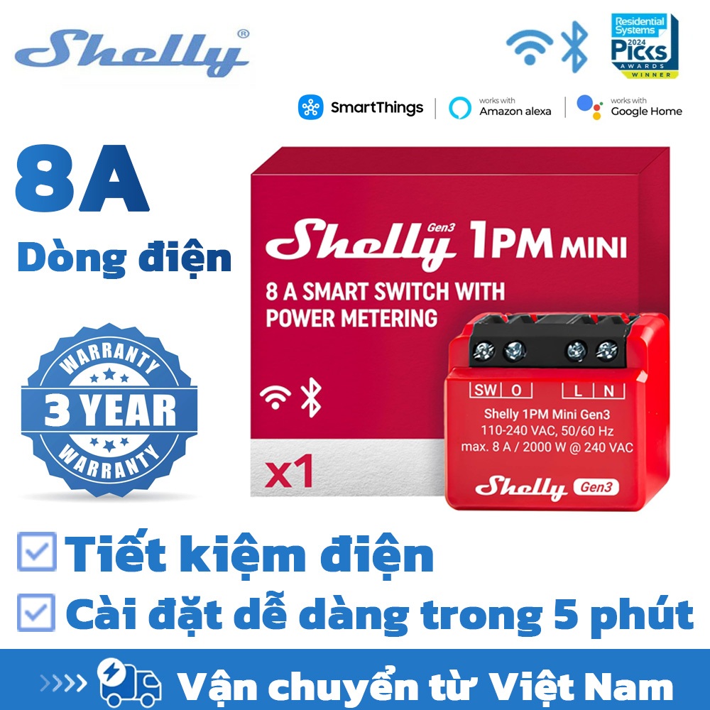 Shelly 1PM MINI GEN3 Công Tắc Cửa Cuốn Thông Minh WiFi , Điều Khiển Từ Xa, Thông Báo Trạng Thái Đóng/Mở Cửa