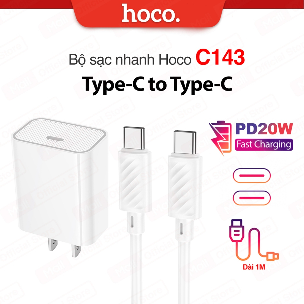 Bộ sạc nhanh PD20W Type-C to Type-C Hoco C143 dùng cho ip15/15promax/16/16promax/Android dây dẻo dài 1m , chân dẹt