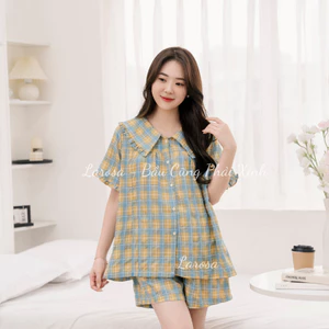 Larosa Bộ Đồ Bầu Và Sau Sinh Có Kéo Khóa Ngực Cổ Bèo Vải Kẻ Caro - LA018B