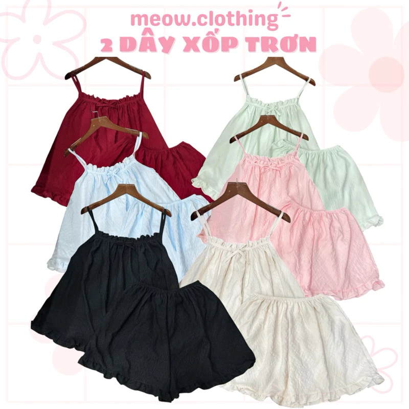 Đồ Bộ Ngủ Nữ, Set 2 Dây Quần Đùi Mặc Nhà Chất Đũi Xốp Trơn Mềm Mịn Freesize