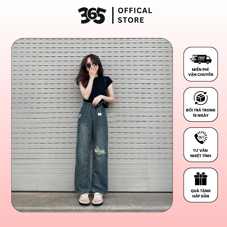 Quần jean ống suông nữ rách gối cá tính, quần bò denim ống rộng cạp cao ...
