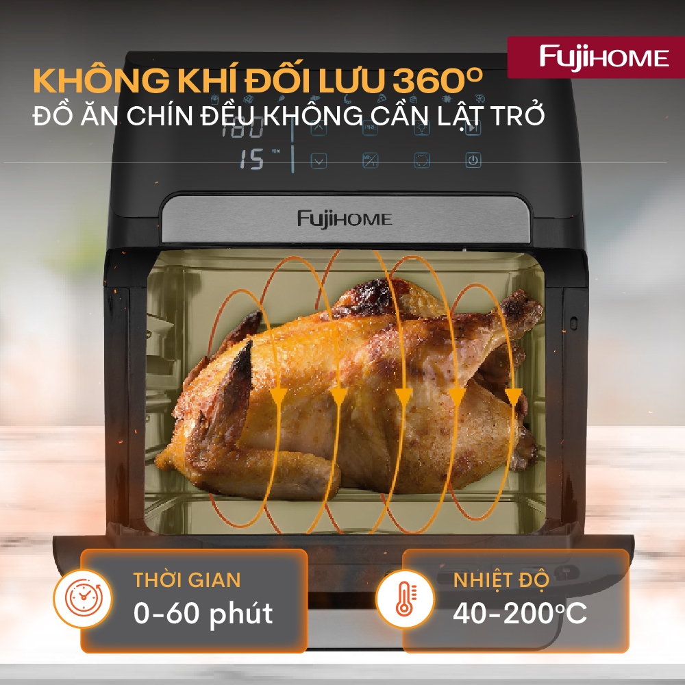 Nồi chiên không dầu Nhập Khẩu 12L FUJIHOME A12DB, Nồi chiên khí nóng kính trong suốt, kèm 7 quà tặng