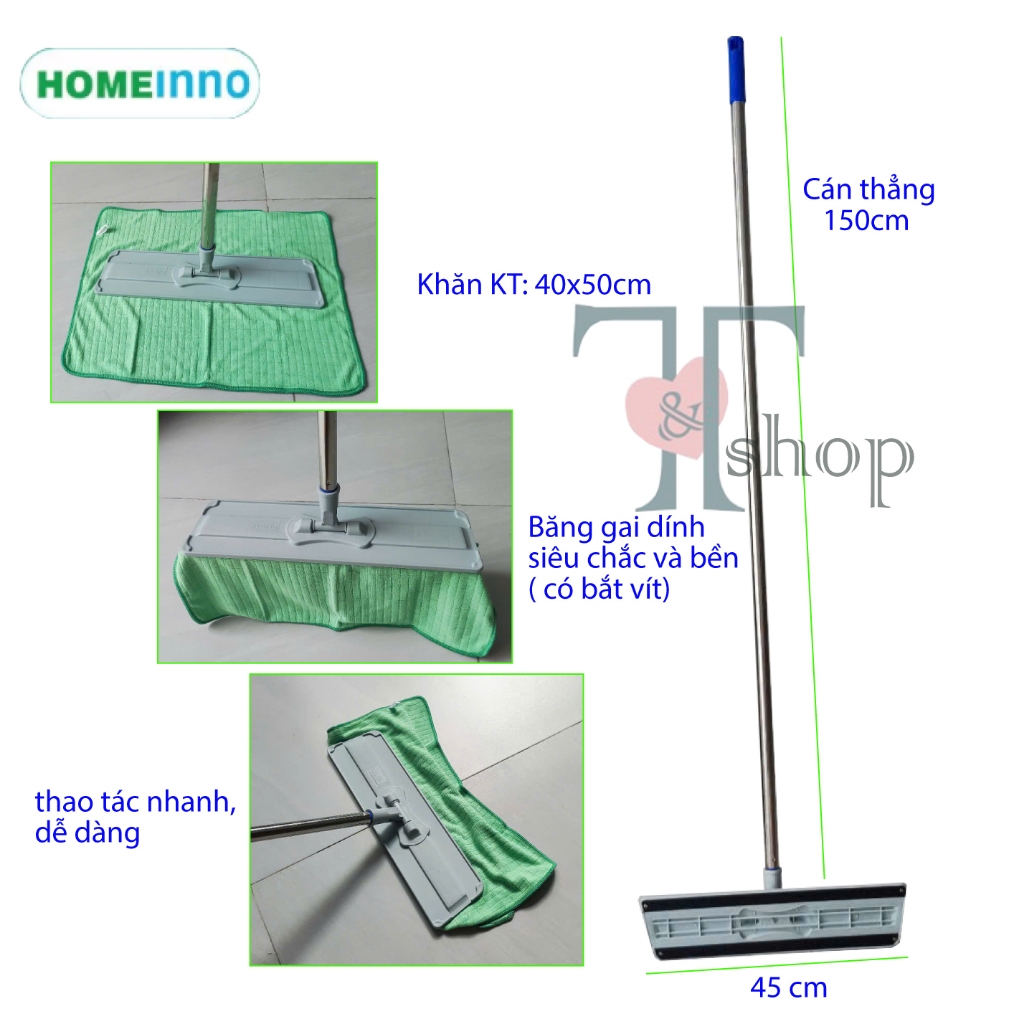 Cây Lau Nhà Đế Nhựa Xám 42cm Kiểu Dán Dùng Khăn Lau Siêu Sạch 40x50 Homeinno CÁN THẲNG 150cm