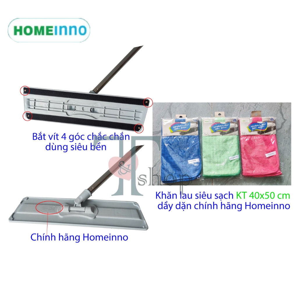 Cây Lau Nhà Đế Nhựa Xám 42cm Kiểu Dán Dùng Khăn Lau Siêu Sạch 40x50 Homeinno CÁN THẲNG 150cm