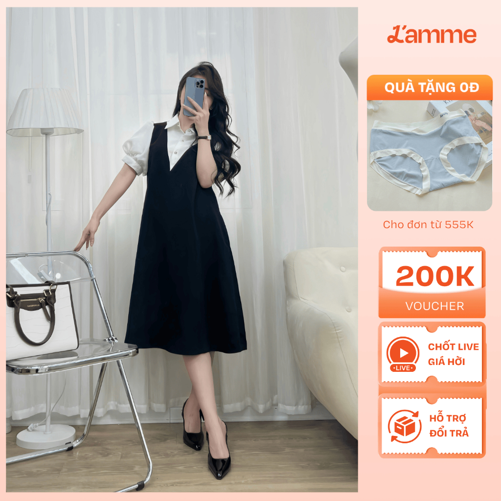 Ảnh Váy bầu, đầm bầu tay bồng LIZ Dress thiết kế giả yếm thanh lịch, sang trọng tiểu thư chất liệu chéo hàn mềm mại L'amme 1