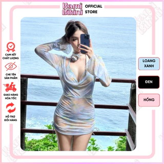 Bikini 3 chi tiết đi biển tặng kèm hoa ở cổ: Chất liệu váy lưới, bikini chất thun lạnh sẵn đệm mút fz <50kg - [ B16 ]