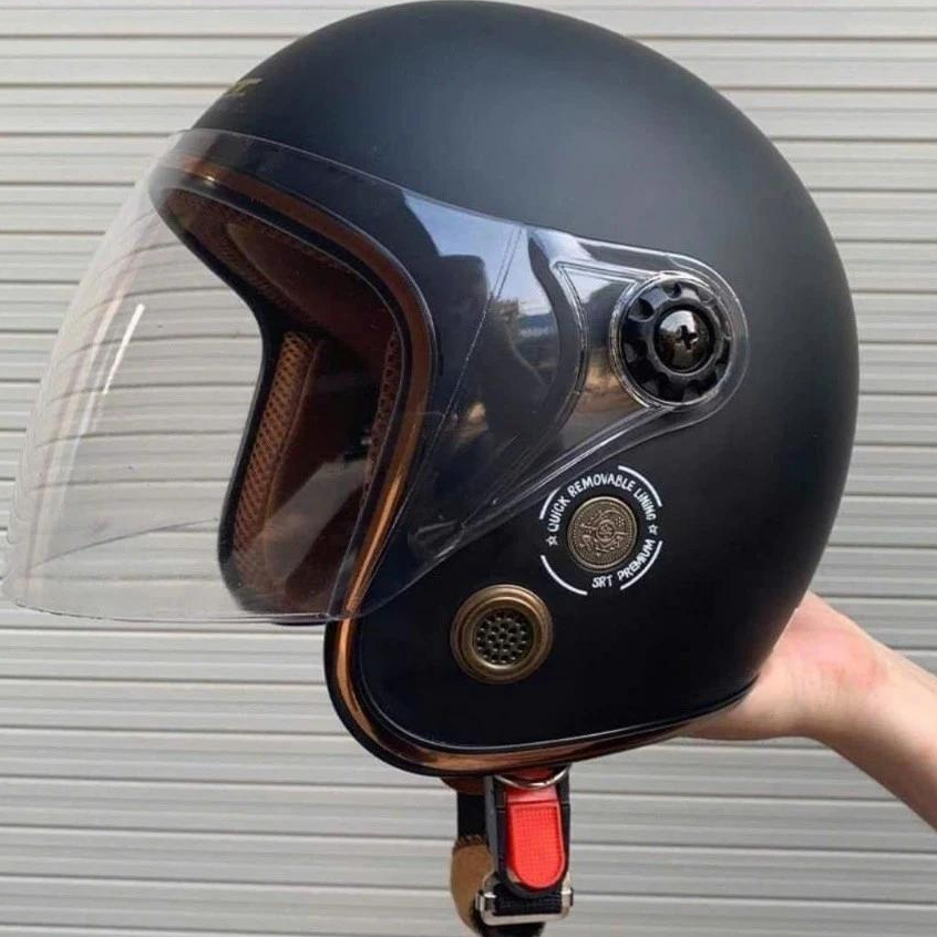 Mũ bảo hiểm GRX 3/4 Màu ĐEN kính dài kín mặt hai lỗ thông gió (52-60cm)