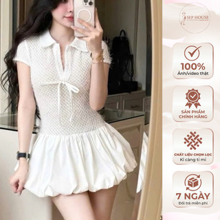 Đầm lông ren cổ polo cột nơ dáng bí tùng phồng bồng bềnh 3 màu kem đen trắng _SEP House