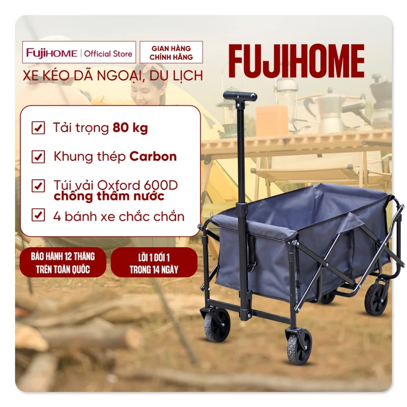 Xe kéo dã ngoại gấp gọn chở 80kg du lịch cắm trại Fujihome CT80, Xe đẩy hàng xếp gon khung thép chịu lực bánh siêu bền — ảnh 1