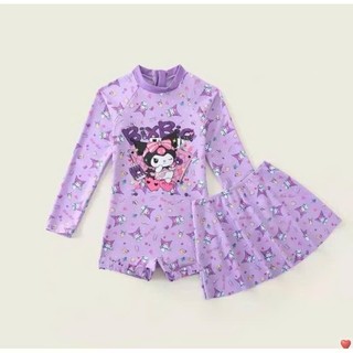 BK37 Đồ bơi bé gái dài liền thân tay họa tiết baby three-kuromi kèm chân váy,bikini đi biển 10-30kg