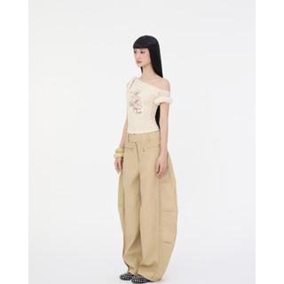 TSUN - Quần Balloon Cạp Cao Dáng Rộng Màu Be, Oversize - Vải Dập Nổi 3D -Túi Sau Nhún Bèo-Streetwear