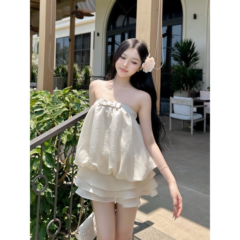 Set Váy Babydoll Tiểu Thư Hở Vai Cúp Ngực, Chất Tơ Bay, Kèm Chân Váy 3 Tầng Quần Bí, Đi Biển Du Lịch Sang Chảnh