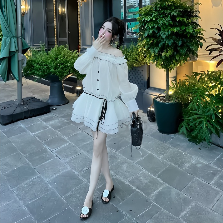 [ HÀNG LOẠI 1] Váy Tiểu Thư Trễ Vai Tay Dài Phồng, Form Bí Xoè Viền Bèo Sang Chảnh , Vải Tơ Xốp Mát Kèm Quần Bí