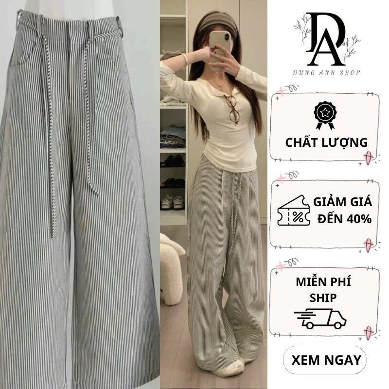 Quần Jean Kẻ Sọc Nữ Chất Kaki Mix Dây Eo Lưng Cao Tôn Dáng Mặc Thoải Mái Hot Trend