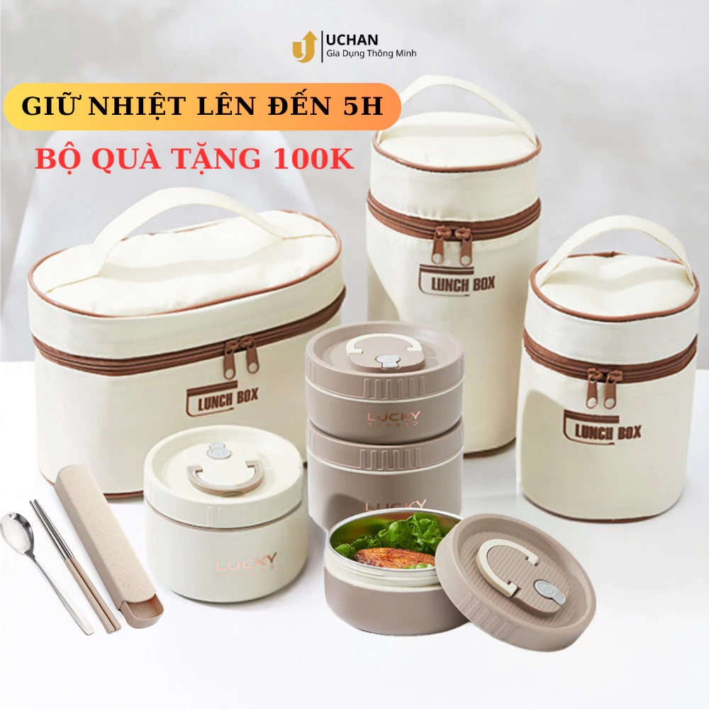 Hộp cơm giữ nhiệt Lunch box 3 tầng Cà mên giữ nhiệt chống tràn tặng kèm túi đũa thìa SP02