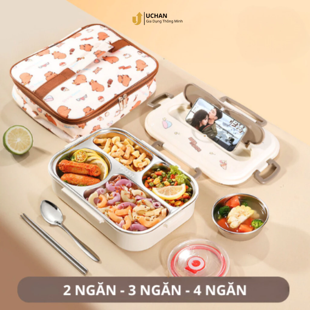 Hộp đựng cơm inox giữ nhiệt Uchan 3 ngăn 4 ngăn tặng đũa thìa Khay đựng cơm văn phòng SP07-2 gấu