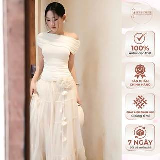 Set tiểu thư 2 món áo trễ vai ôm body phối chân váy maxi tơ voan dài đính hoa dài kem đen _SEP House