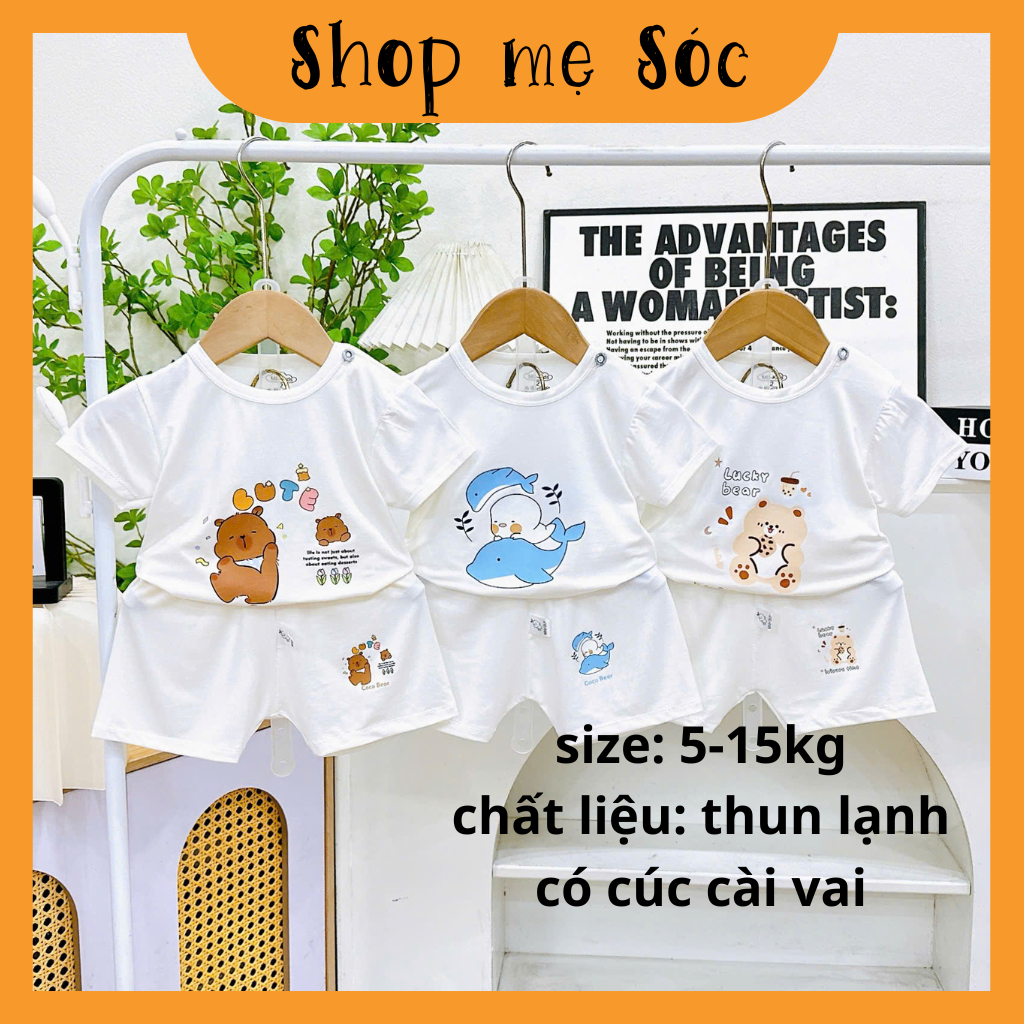 Bộ quần áo CỘC TAY NỀN TRẮNG KEM thun lạnh họa tiết thú đáng yêu cho bé trai bé gái 4-14kg mesocshop